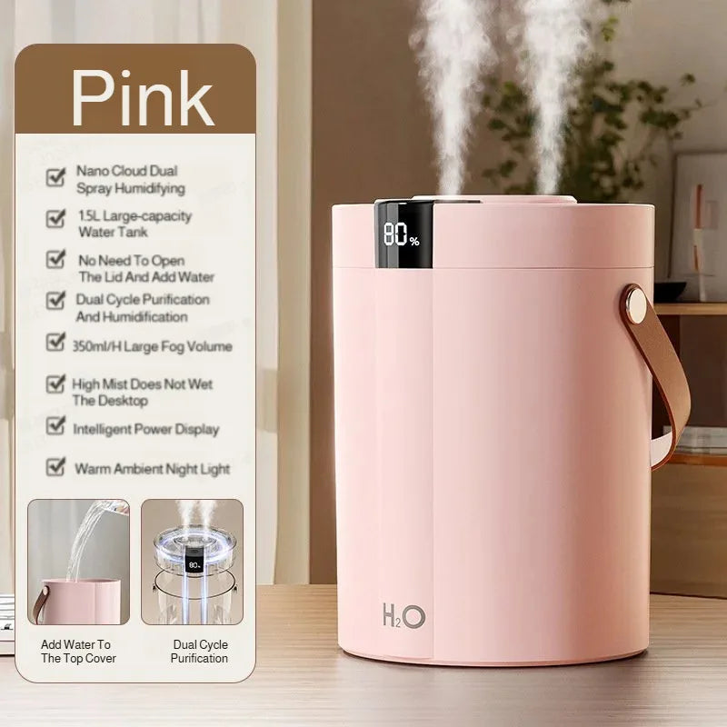 1.5L Dual-Mist Spray Humidifier Wireless Quiet Portable Air Humidifier with Night Light Suitable for Home,office