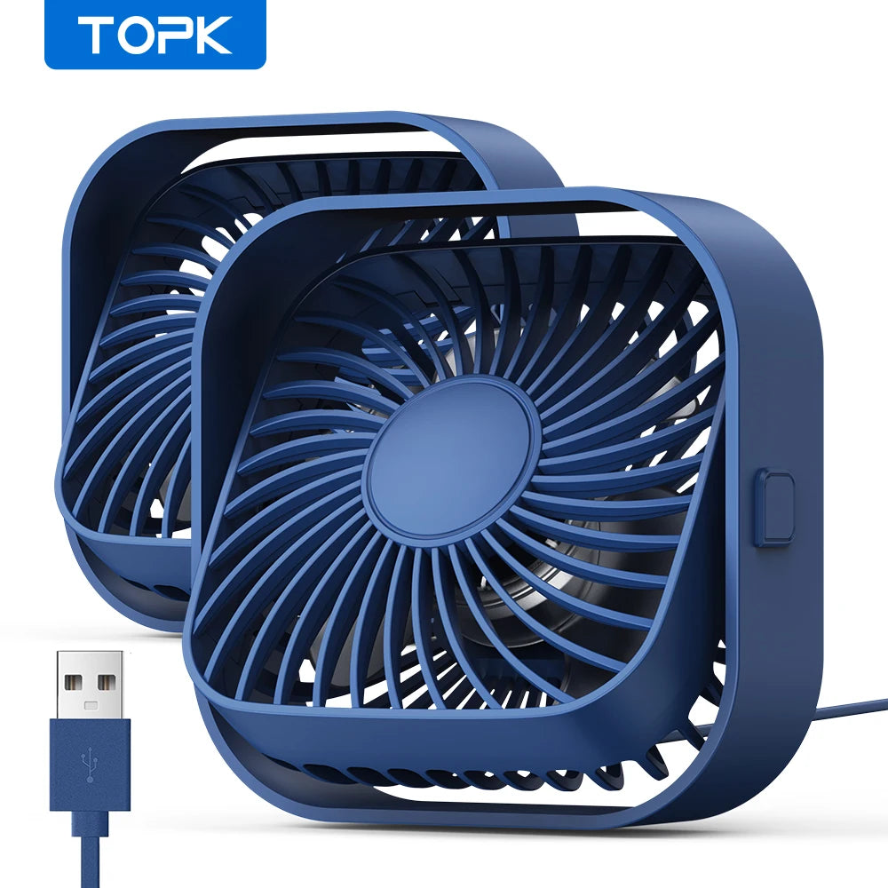 TOPK USB Desk Fan,[2Pack] Mini Fan Strong Airflow & Quiet Operation,360° Rotatable Head 3-Speed Wind Small Cooling Fan