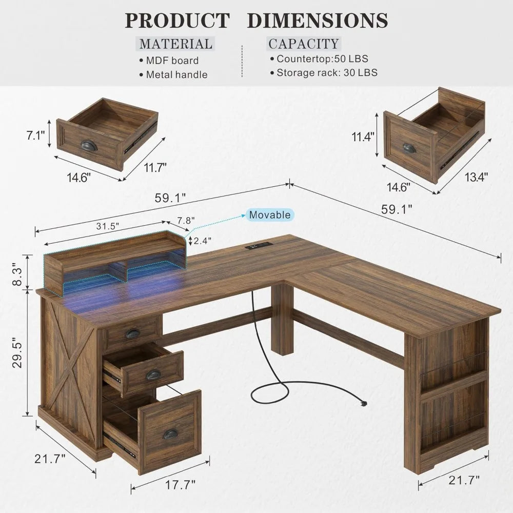 Executive L Shaped Desk with Monitor Stand And LED Lights Farmhouse Computer Desk with Power Outlets for Home Office