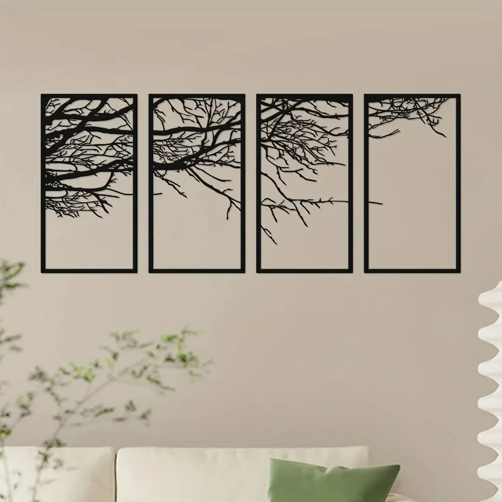 4-Piece Black Metal Tree of Life Wall Art Stunning Decor for Bedroom Living Room Office Kindergarten and Nursery Spaces