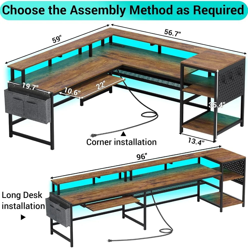 L Shaped Computer Desk Reversible Computer Desks L Shaped Desk with Power Outlets & LED Strip Monitor Shelf Keyboard