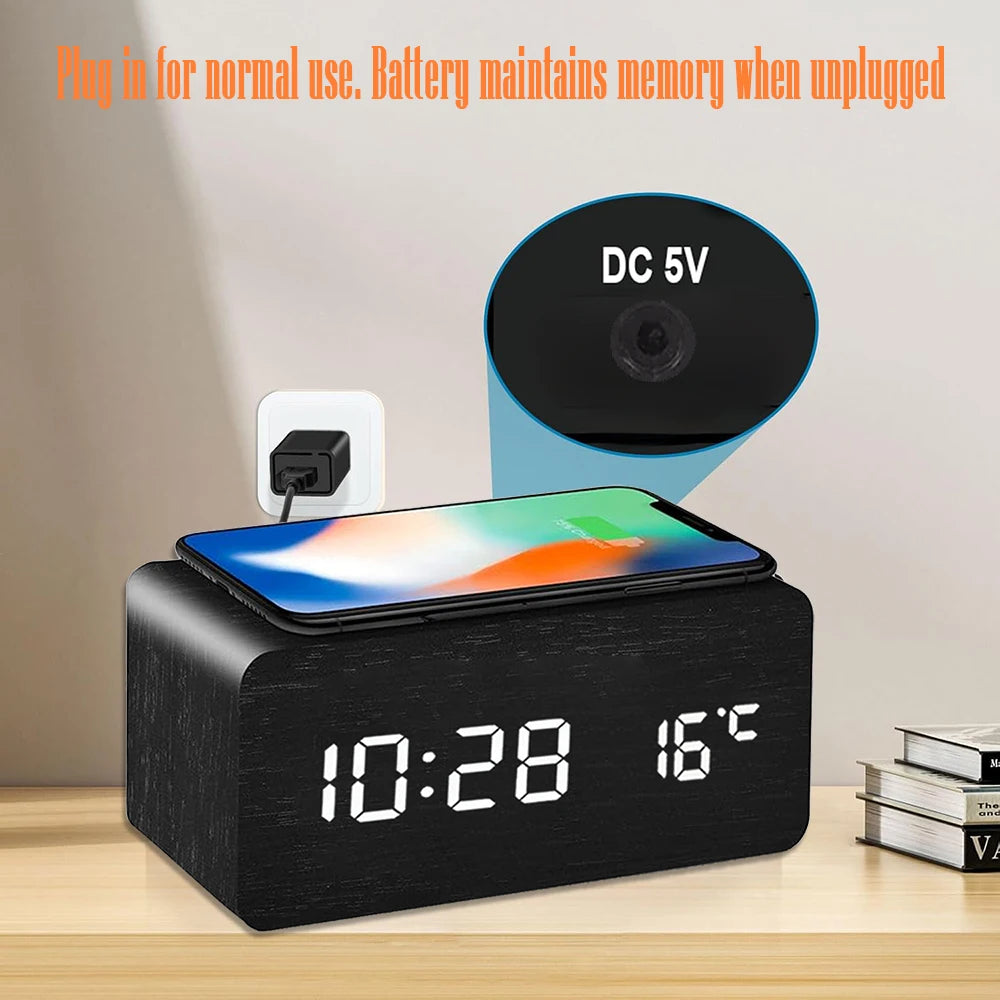 Wooden Digital Alarm Clock with Wireless Charging Temperature Display LED Desk Clock for Office Bedroom Bedside Décor