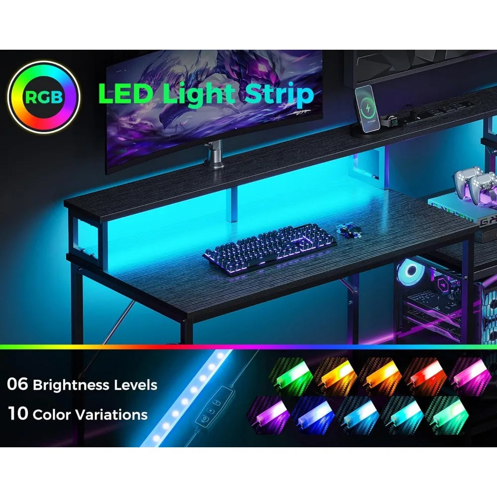 98 Inch 2 Person Gaming Desk with Storage Shelves- Long Double Home Office Computer Desks with USB Charging Port & LED