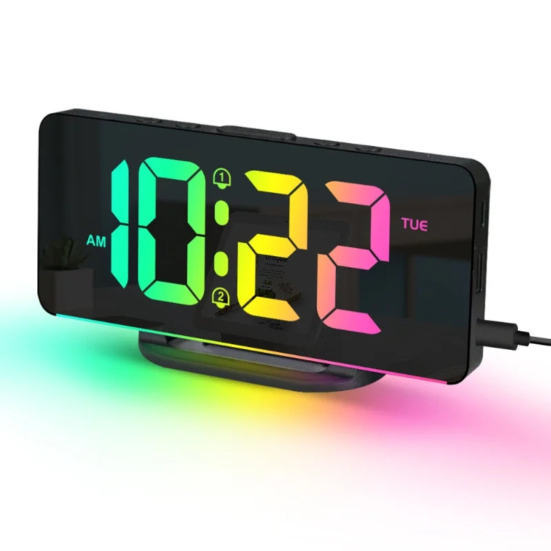 RGB Digital Alarm Clock with RGB Mood Light 2 Alarm Night Mode Unlimited Snooze Table Clock 12/24H Output USB Charging