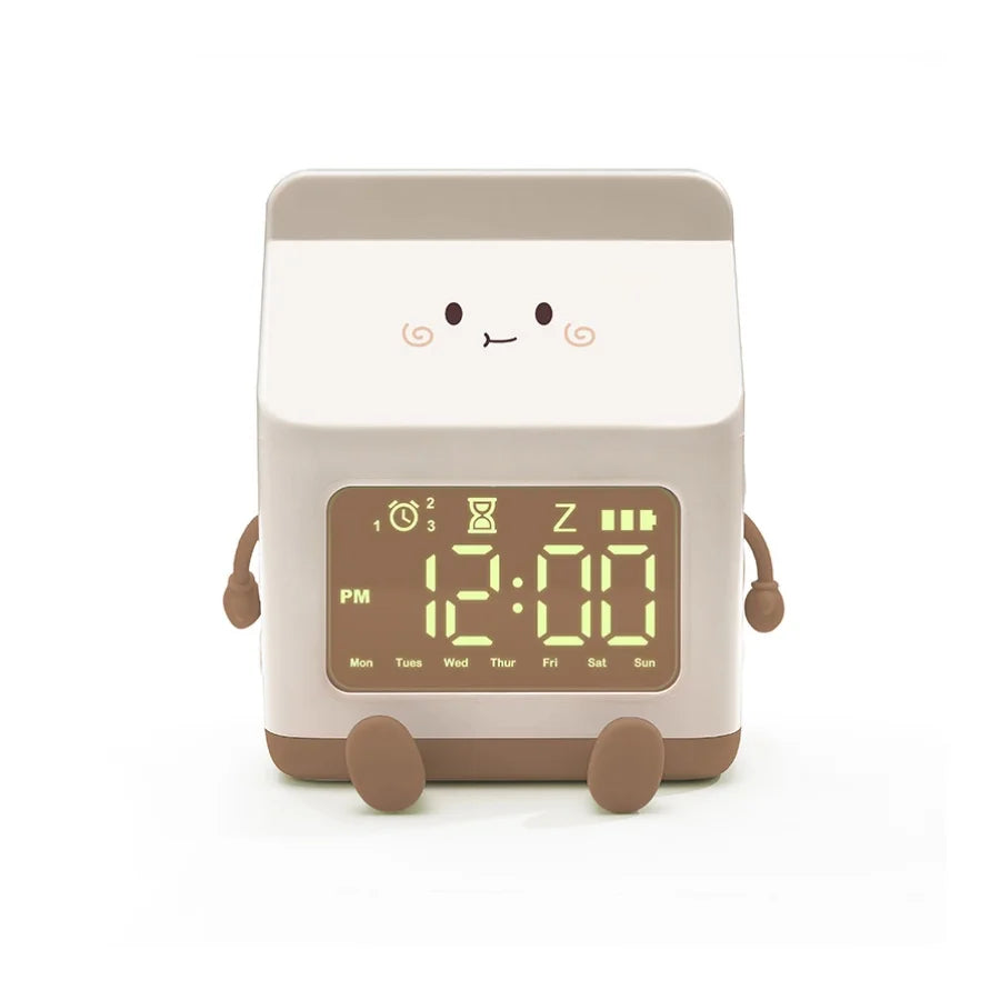 1pc new multi-functional LED milk carton alarm clock can display the time/date with voice control mode - Brown