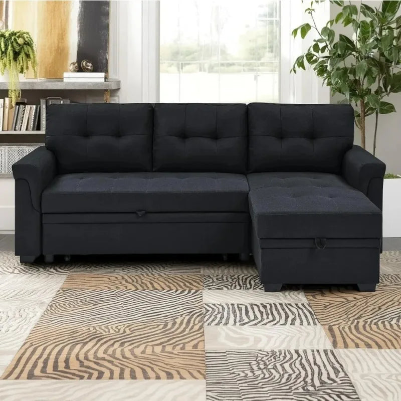 Modern 86 L-Shaped Sectional Sofa with Reversible Chaise Storage and Pull-Out Sleeper Bed for Living Rooms