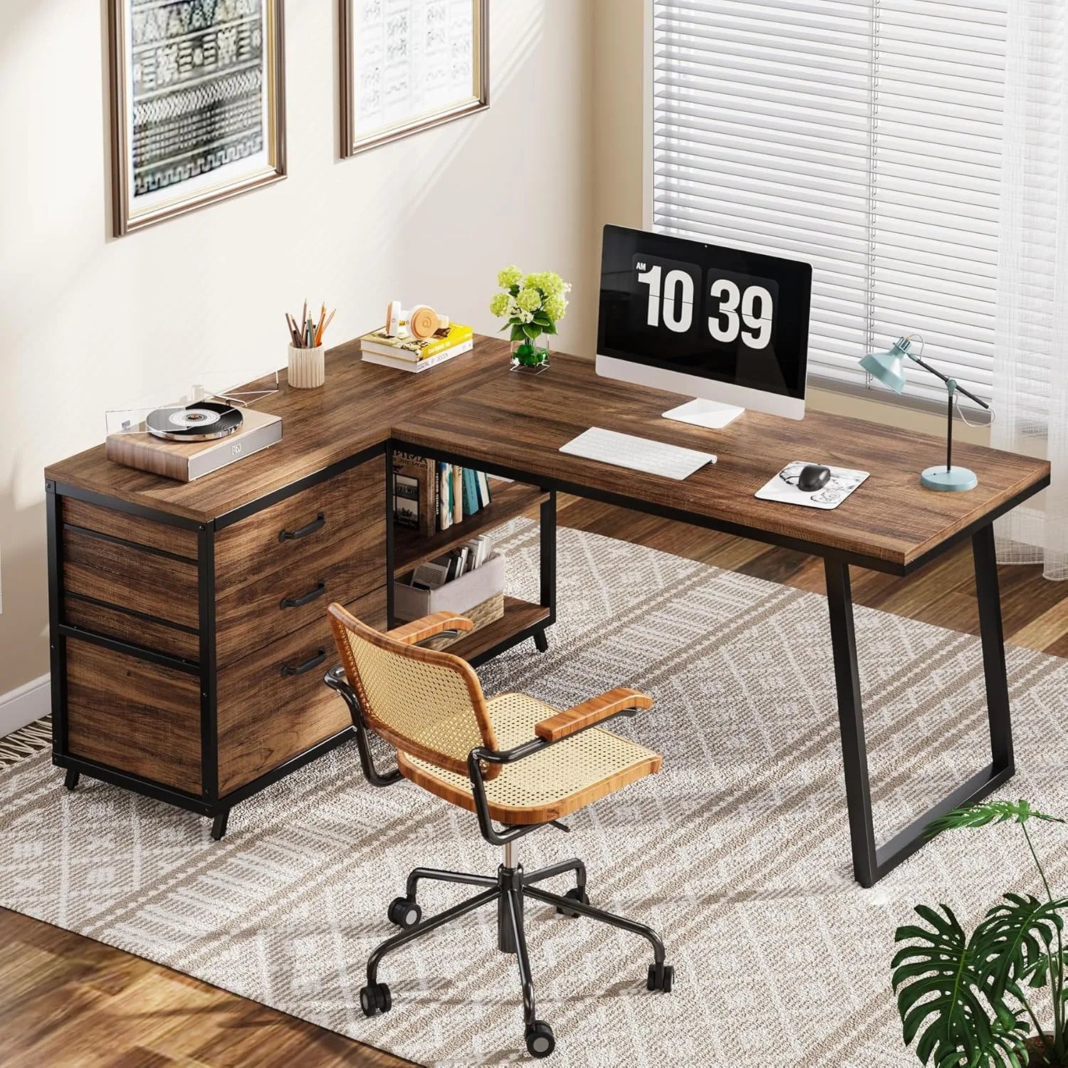 L-Shaped Computer Desk with 3 Drawers,Home Office Desk with Shelves 53-Inch Industrial PC Desk for Small Space Rustic