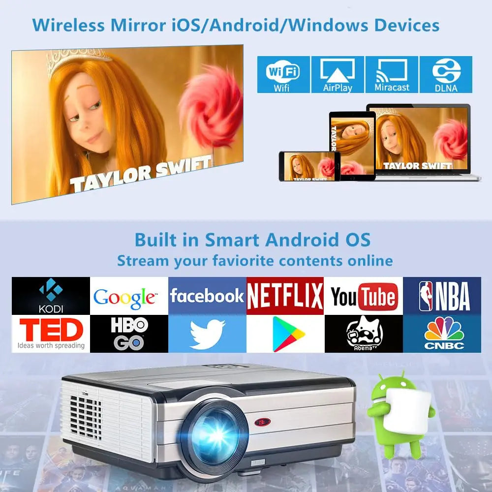 Android Wifi Home Theater Projector Manual Focus Keystone Full HD 1080P Daytime PK Laser Beam Projection Device