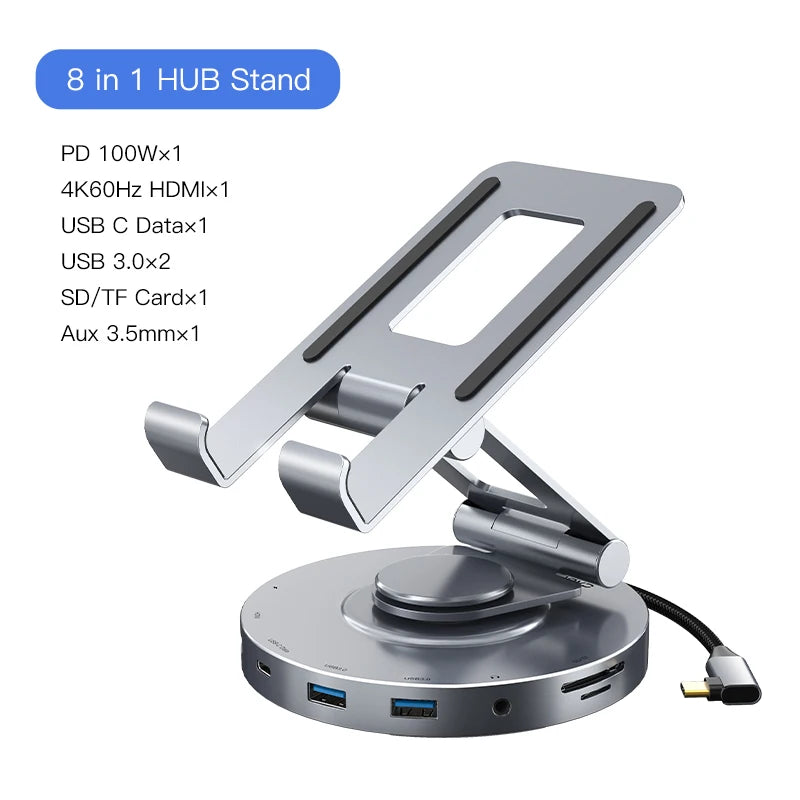 CABLETIME 8 in 1 Multi USB C Hub with 360 Rotating Stand HDMI 4K 60Hz PD 100W USB 5Gbps SD TF Aux 3.5mm for iPad Pro