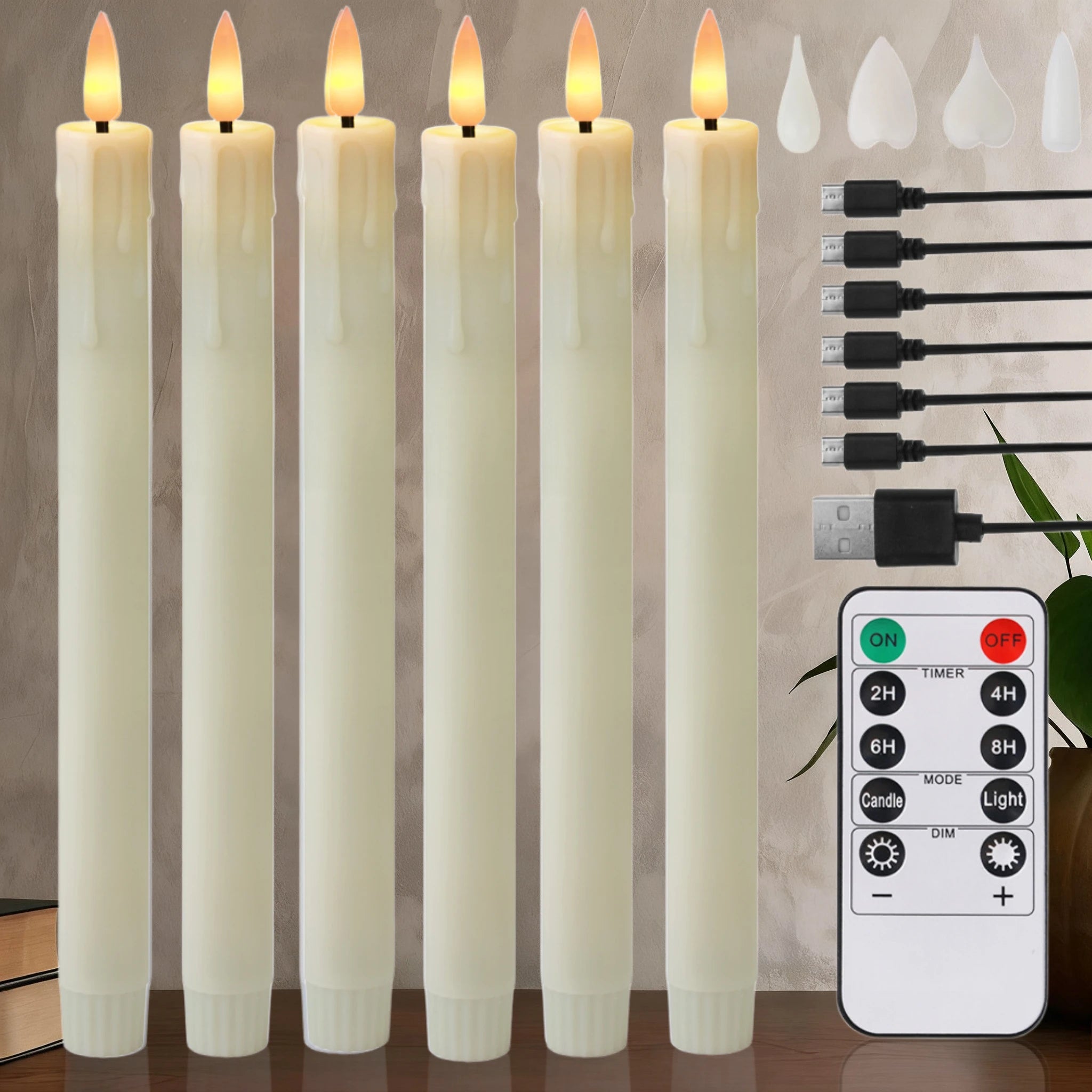 Rechargeable Flameless LED Taper Candles with Timer Remote & USB Charging Cable Flickering Dripping Wax Window Tall