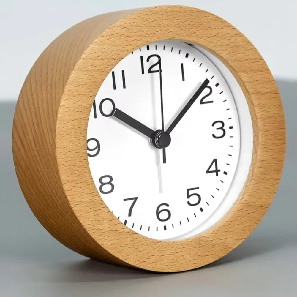 3 Inches Round Wooden Alarm Clock with Arabic Numerals Non-Ticking Silent Backlight Battery Operated Wood Table Desk