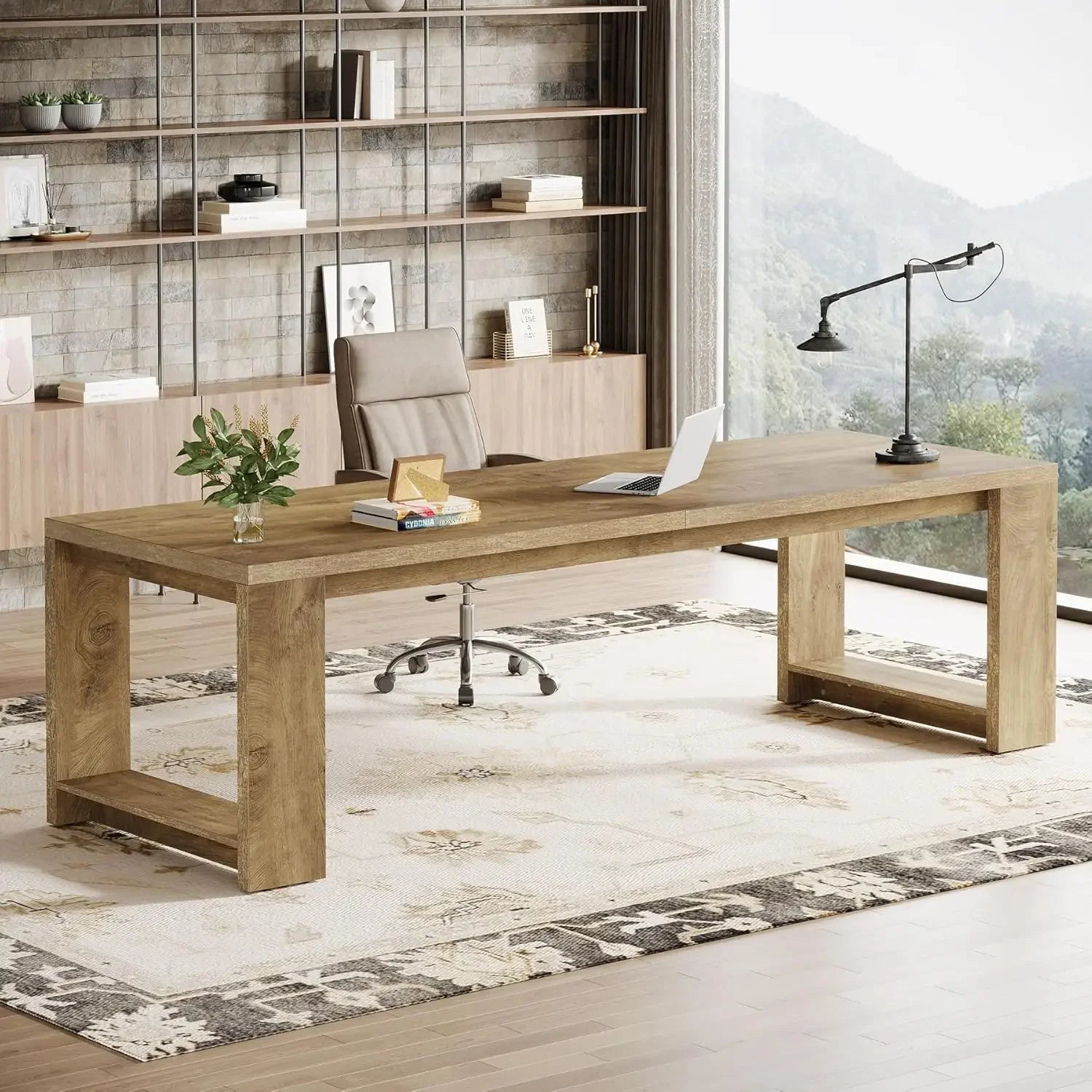 Two Person Desk 86.6 Inches Extra Long Desk Double Computer Writing Table All Wood Large Desks Workstation for Home