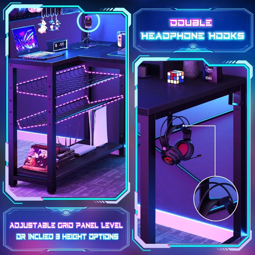 Compact Gaming Desk with Integrated Power Outlets LED Lighting and Storage for 43 Inch L-Shaped Computer Setup - United