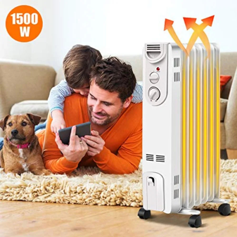 Electric 1500W Oil Filled Radiator Heater with Thermostat for Efficient Portable Radiant Space Heating in Offices