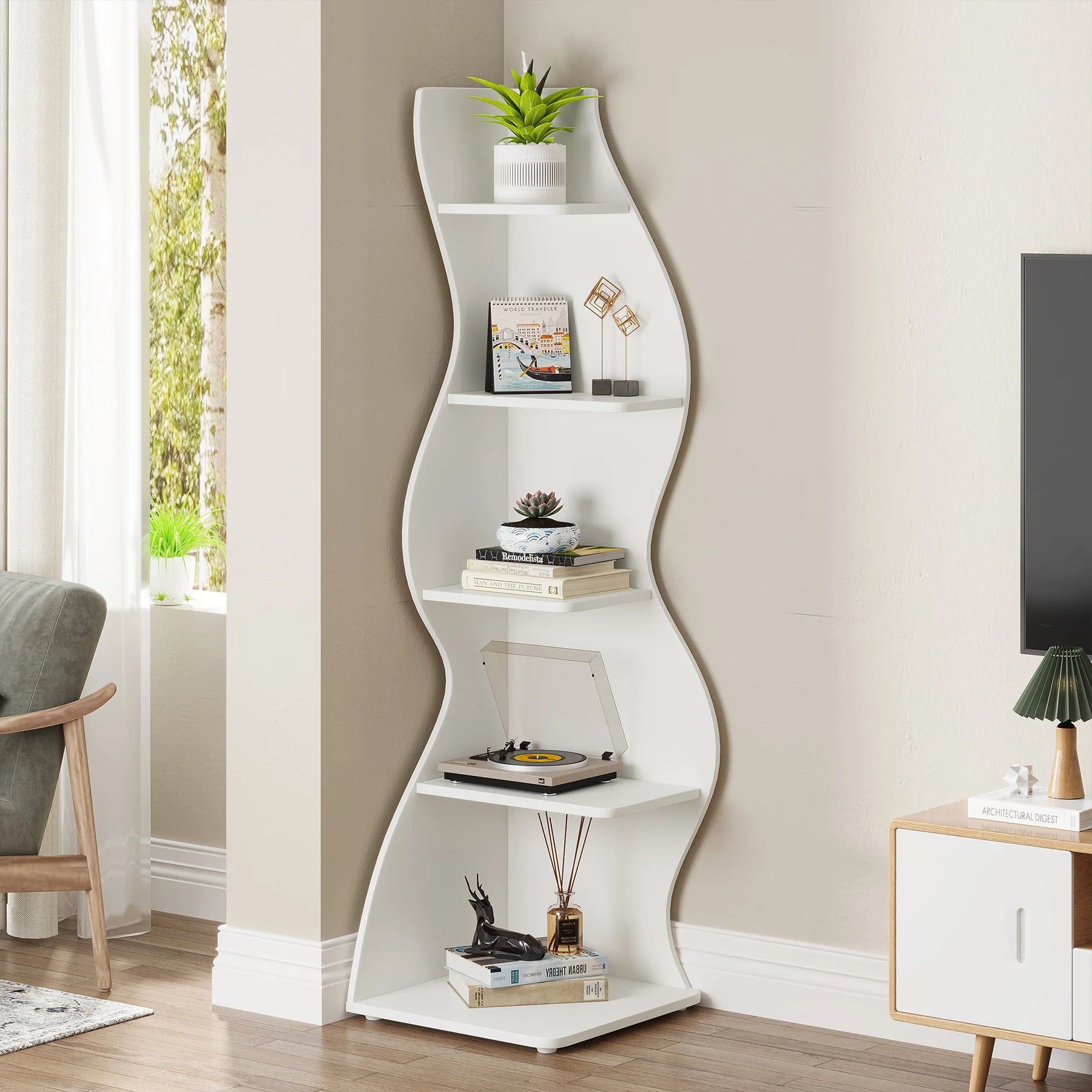 Tribesigns Corner Shelf Modern 5-Tier Wall Corner Bookshelf Stylish Corner Small Bookcase Storage Rack Plant Stand