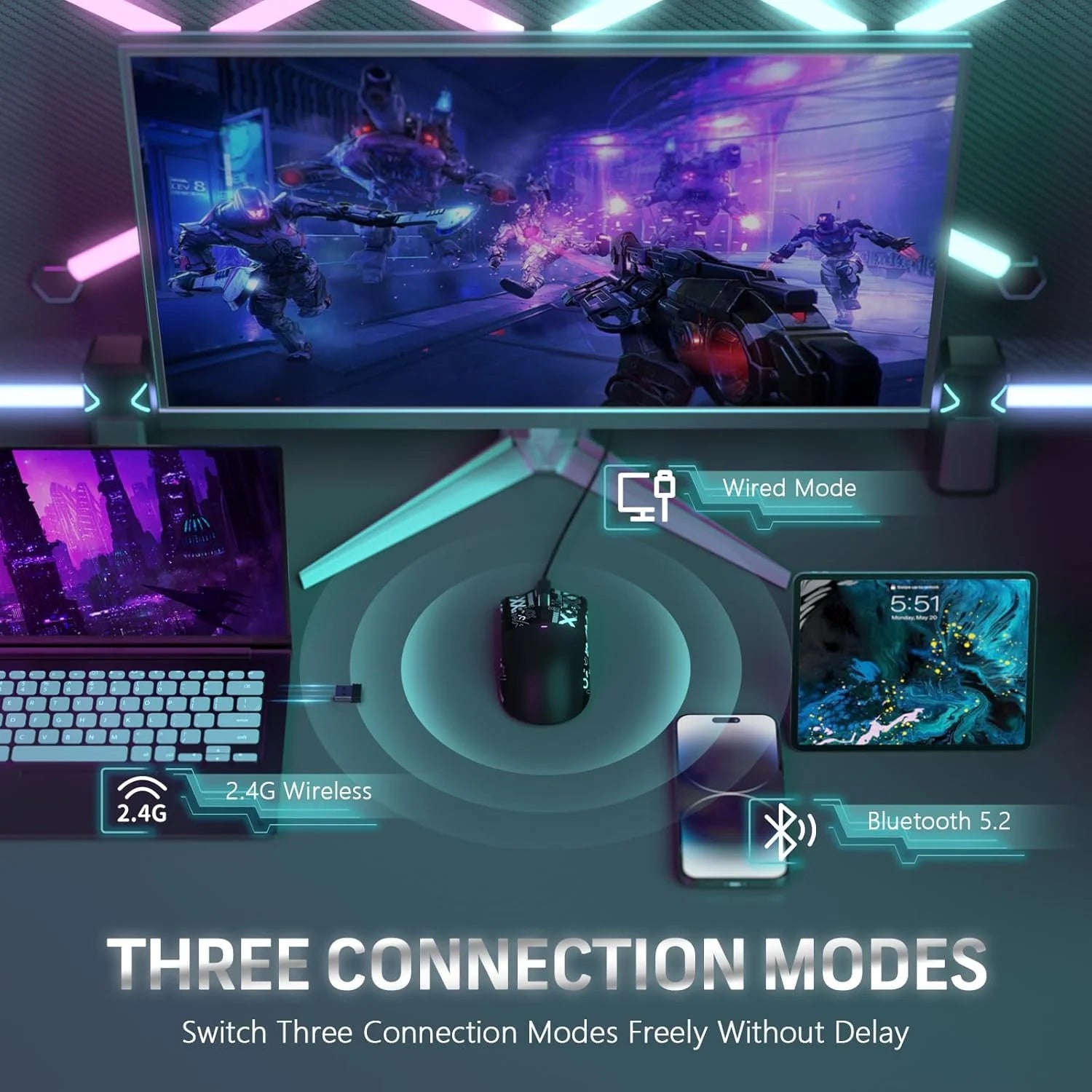 ATTACK SHARK X11 Wireless Gaming Mouse with RGB Magnetic Charging Dock Wired/2.4G/BT 22K DPI,Ultralight 59g Tri-Mode