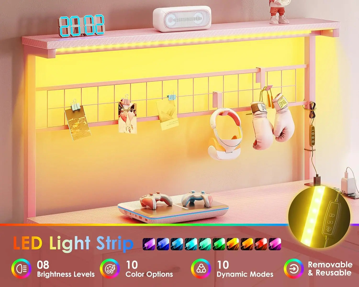 L Shaped Gaming Desk 43’ Reversible Computer Table Drawers LED Light Power Outlet Shelves Hooks Carbon Fiber Pink