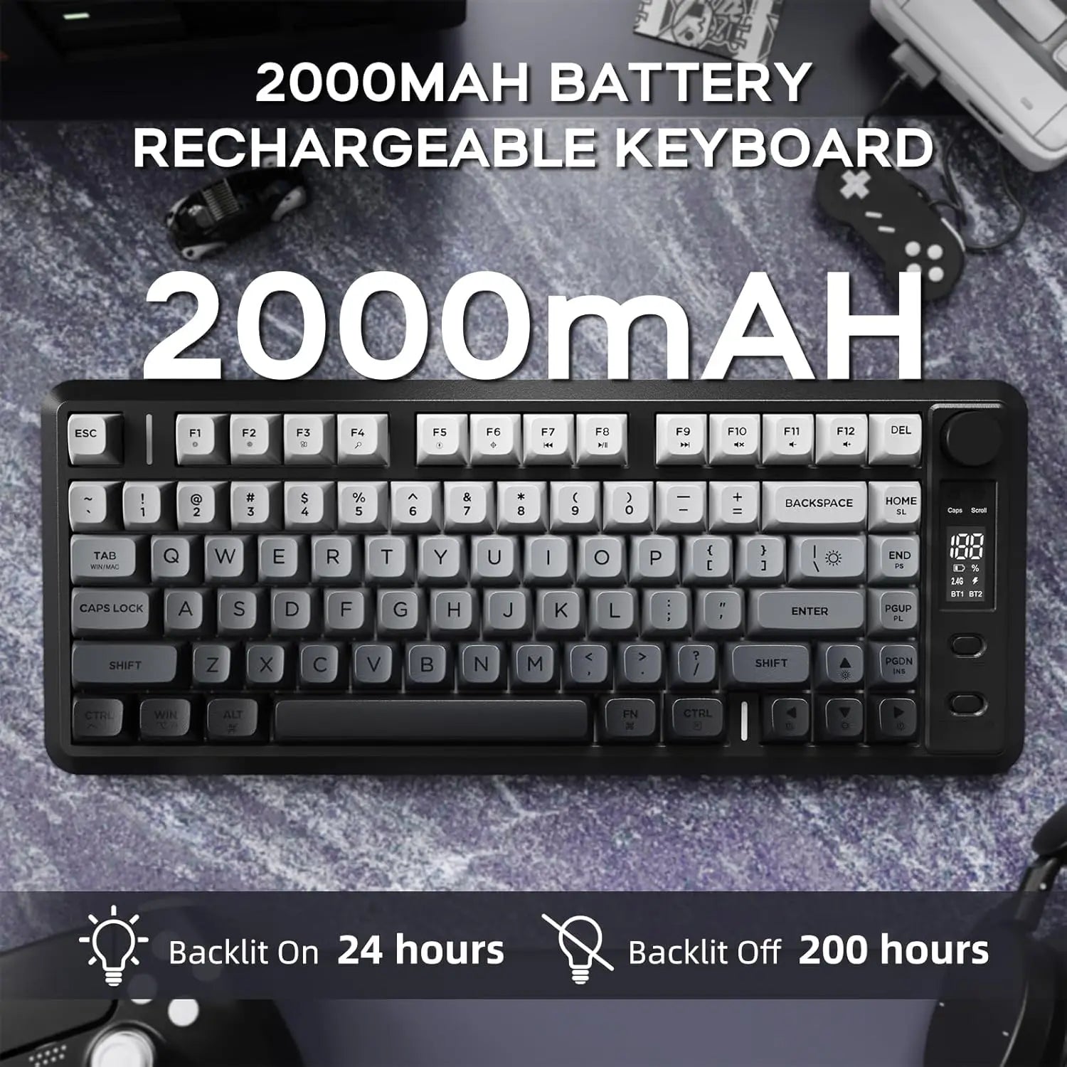ATTACK SHARK M75 Wireless Membrane Gaming Keyboard with Knob&OLED Display Bluetooth/2.4Ghz Rainbow Backlit Gradient PBT