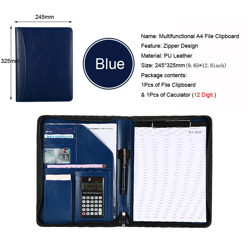 Multifunctional A4 Leather Conference Portfolio Folder for Document Organizer Zippered Man Executive Folder Briefcase