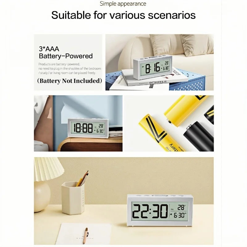 Battery Powered Digital Alarm Clock TEMP Date Backlight Night Vision Unlimited Snooze Table Clock 12/24H Auto Dimmable