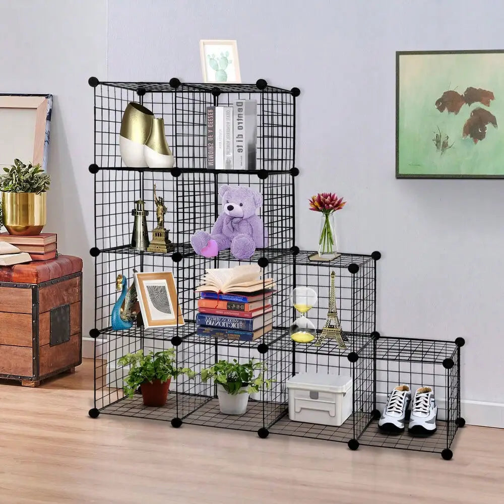 12-Cube Wire Cube Storage Organizer Shelving Wire Shelves Rack Modular Bookshelf - black / United States