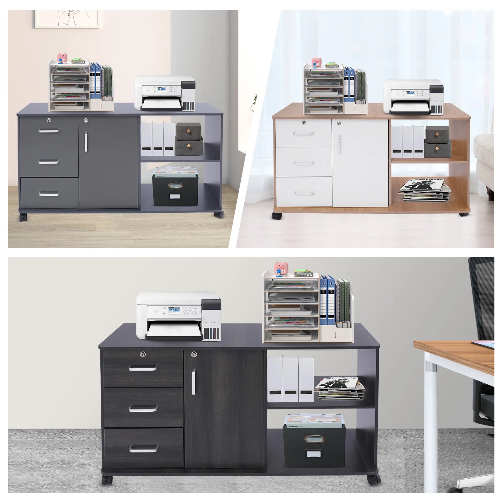 3 Drawers 1 Cabinet 2 Compartments MDF File Cabinet,Black/Wood Color/Gray Rectangular File Cabinets for Home Office