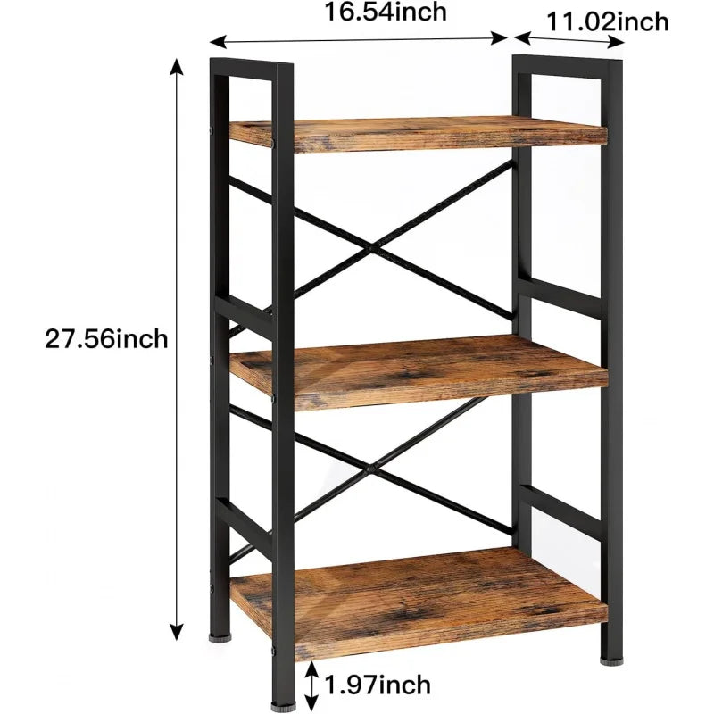 Bookshelf 3 Tier Industrial Bookcase Metal Small Bookcase Suitable for living room and bedroom.