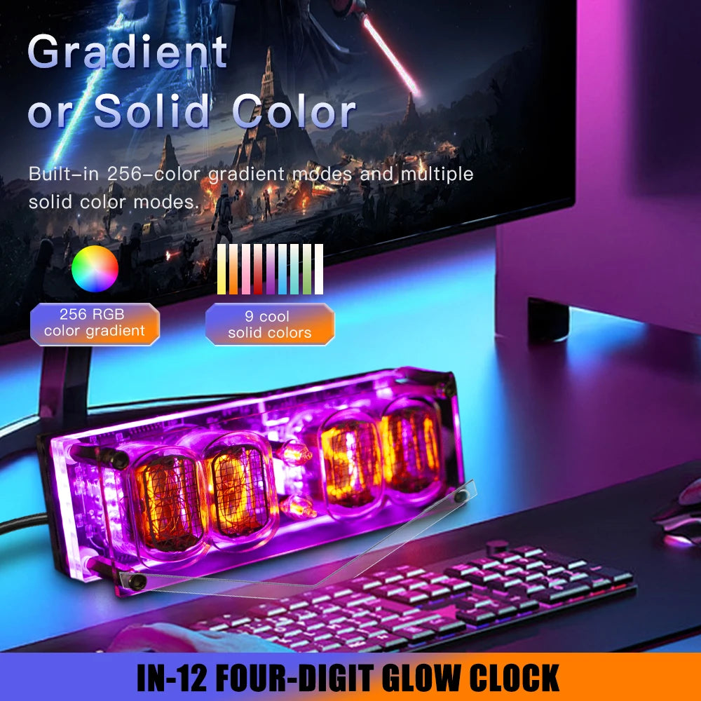 4-bit IN-12 Glow Tube Clock IN12 Nixie Clock Base Gift Ambient Lighting Computer Desktop Accessories Advanced Version