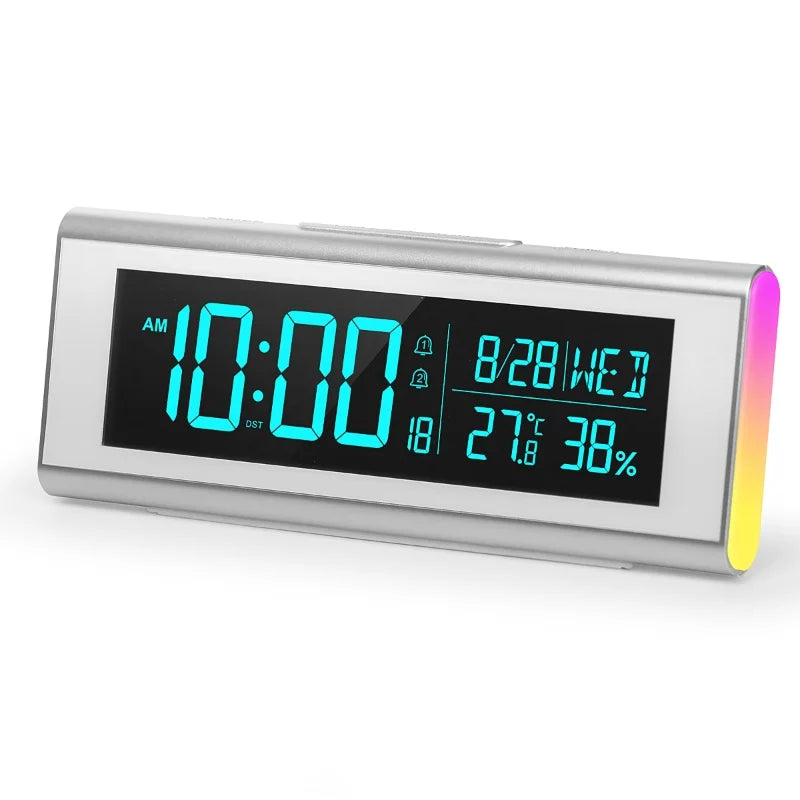 70 Colors Digital Alarm Clock TEMP Humidity Date with 9 Colors RGB Mood Light 2 Alarm Snooze Table Clock 12/24H DST LED