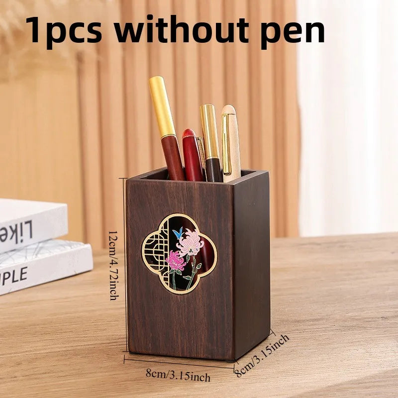 1pcs Multifunctional Ebony Wood Pen Holder Chinese Style Engraved Desktop Organizer Retro Wooden Desk Decor Business