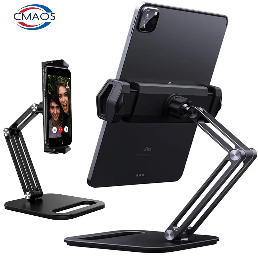 Long Arm Aluminum Alloy Tablet Stand Adjustable Folding iPad Stand Ergonomic 360°Rotatable Tablet and Phone Clamp Mount