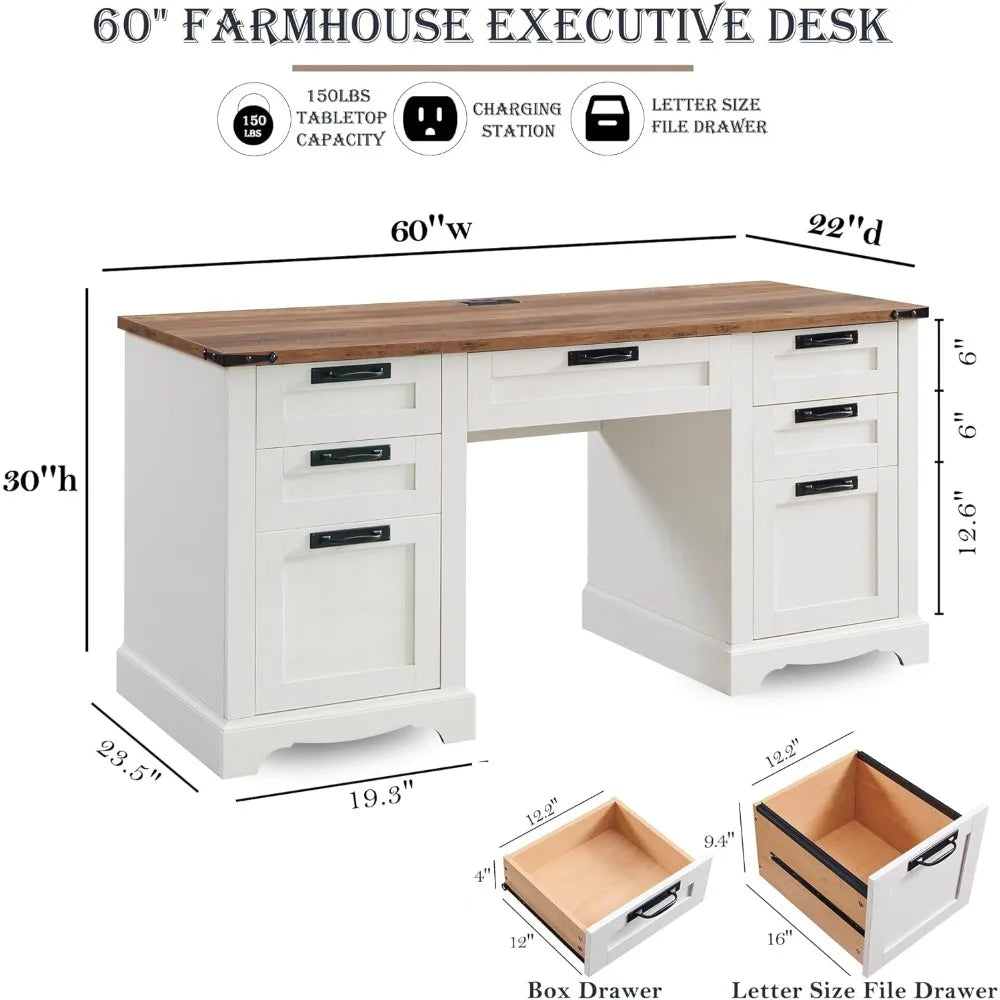 RedLemon 60 Farmhouse Executive Desk with Drawers Wood Home Office Desk w/Charging Station Keyboard Tray File Drawer