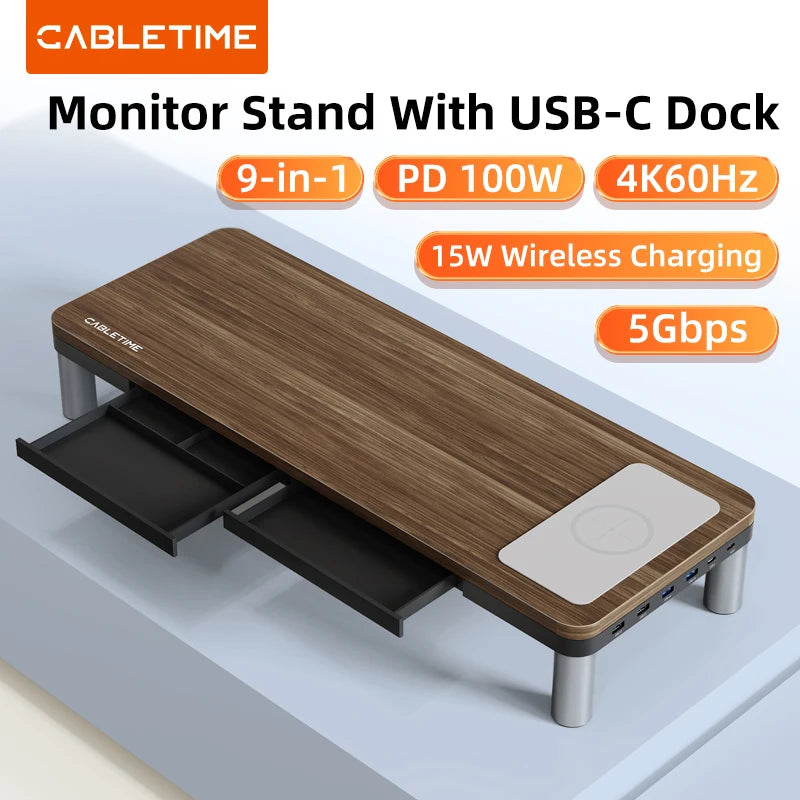 cabletime-monitor-stand-with-usb-c-hub-9-in-1-dock-hdmi-4k60hz-pd100w-rj45-wireless-charging-for-macbook-pc-laptop-desk-holder