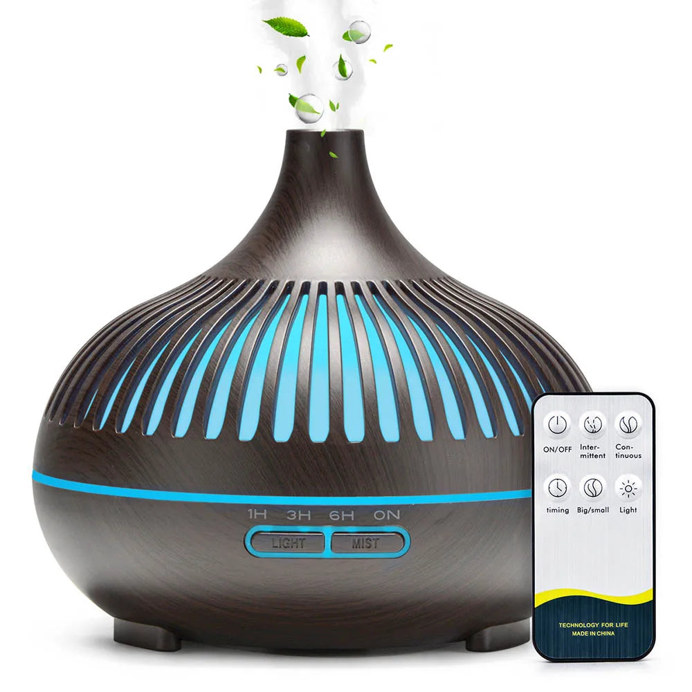 500ML Aromatherapy Essential Oil Diffuser Wood Grain Remote Control Ultrasonic Air Humidifier Cool with 7 Color LED