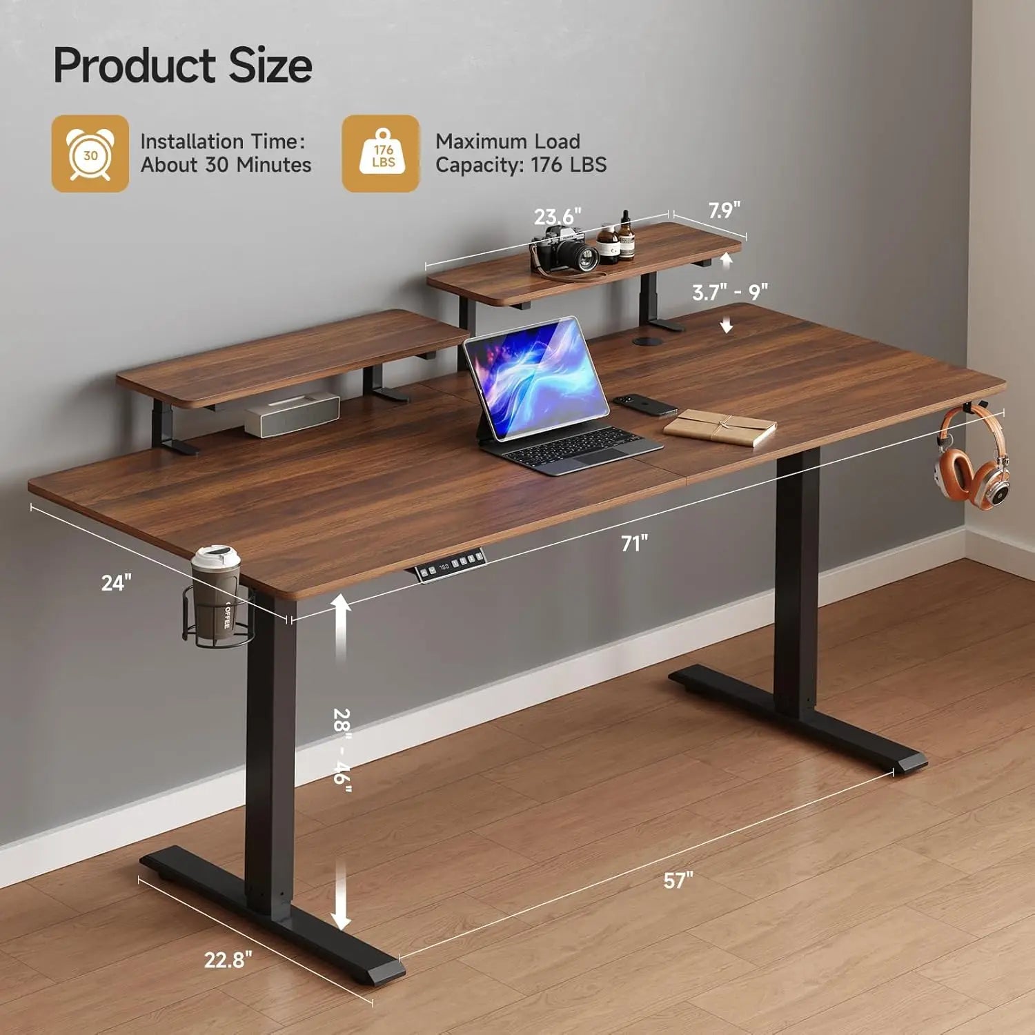Standing Desk w/ 2 Adjustable Monitor Shelves,Electric Stand Up Desk with Memory Controller & Adjustable Height - 71