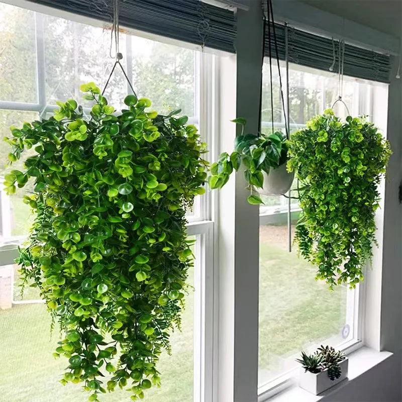 2Pcs Artificial Hanging Plants Fake Hanging Plant Faux Eucalyptus Leaf Greenery Vine Outdoor UV Resistant Plastic