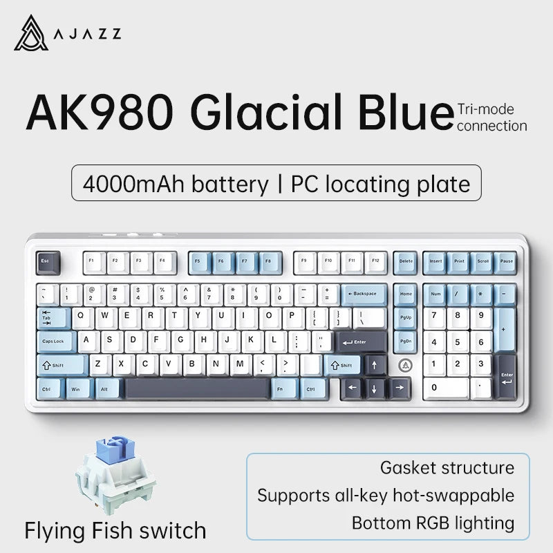 Ajazz AK980 Gaming Mechanical Keyboard with Color Screen 98 Keys RGB Bluetooth Wireless Keyboard Gamer 8000mAh For PC