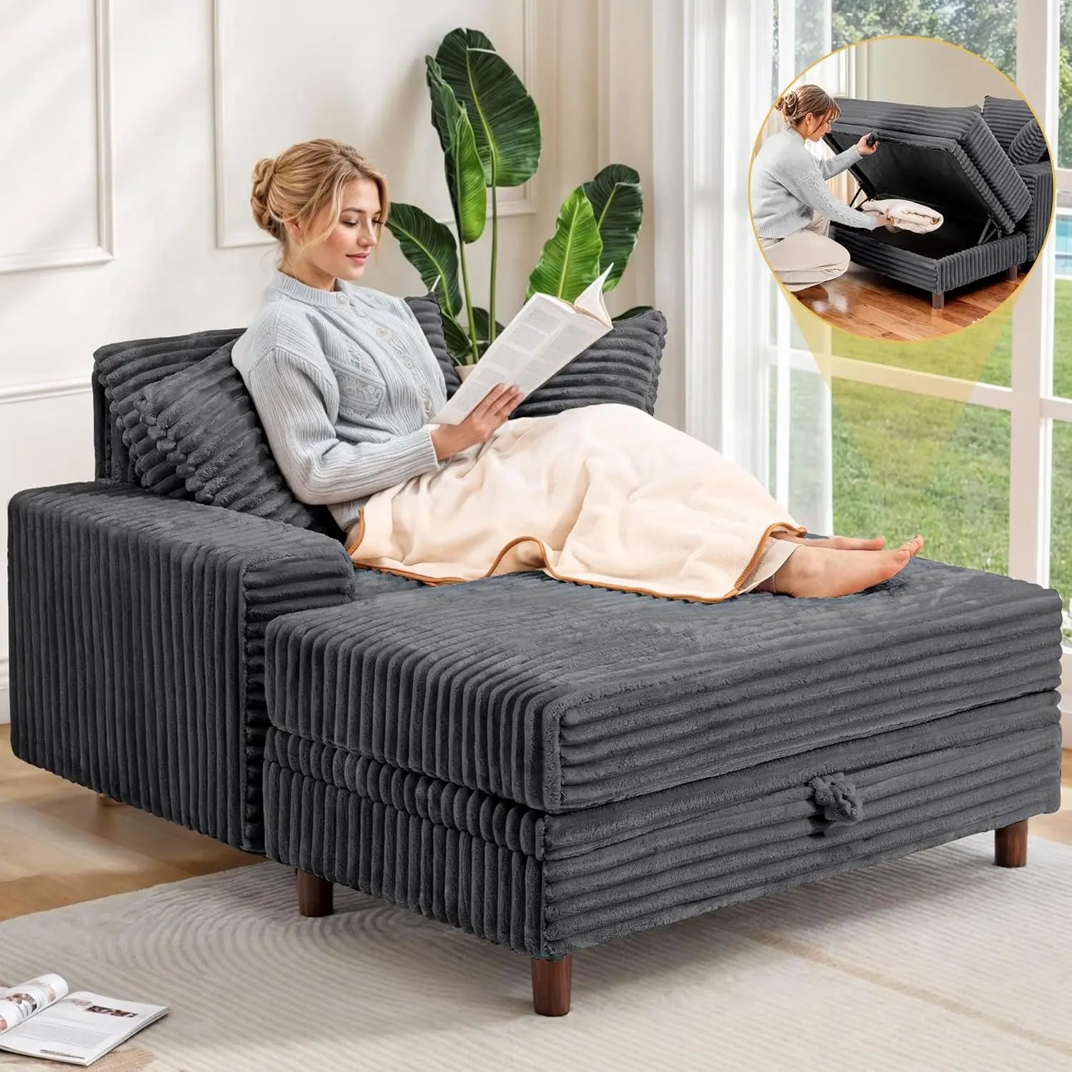 54’’ Oversized Chaise Lounge Chair Indoor Comfy Sofa Bed with Storage and Ottoman Upholstered Reading Chairs Cloud