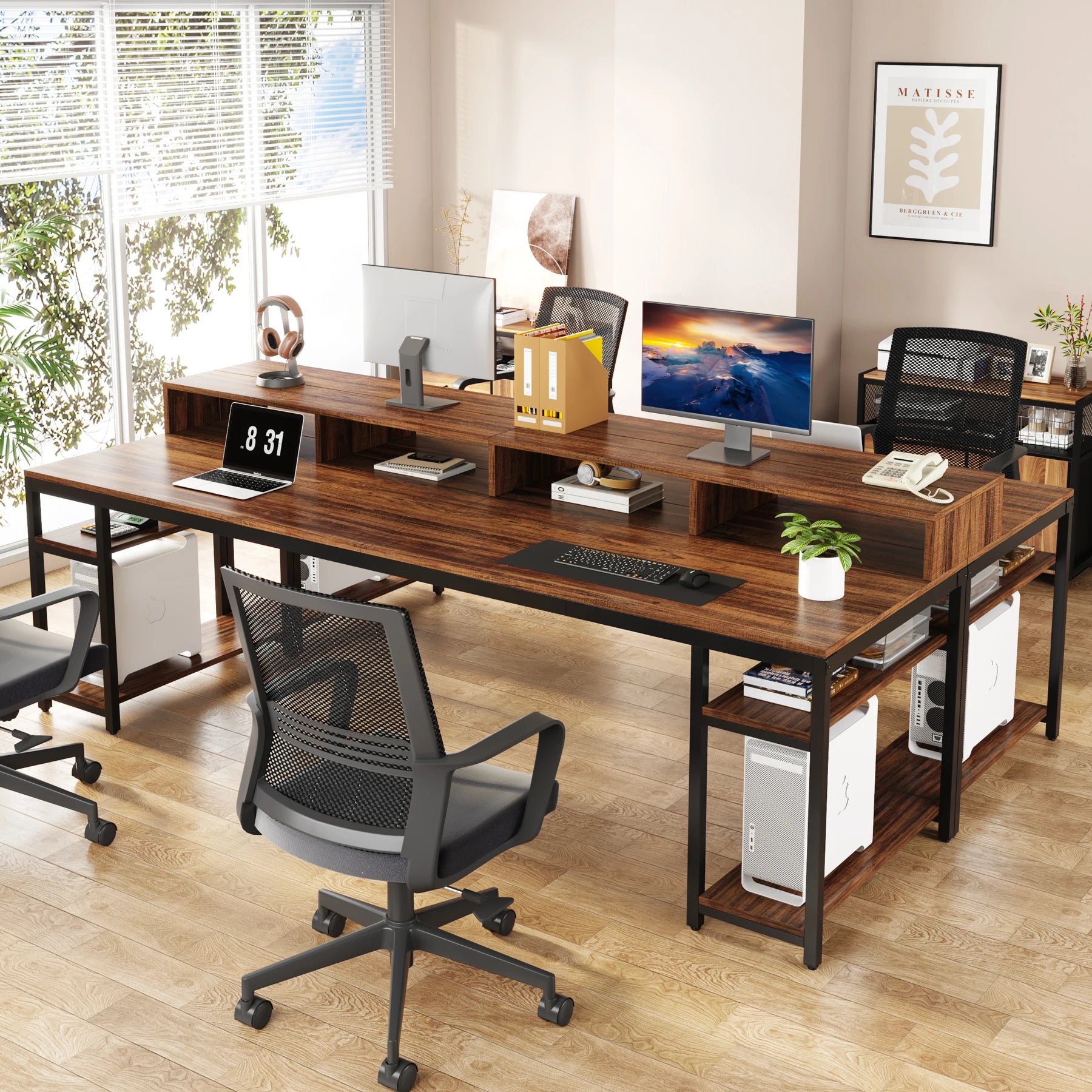Tribesigns 78.74 Inches Extra Long Two-Person Desk Double Computer Desk with Monitor Stand and Storage Shelves Work