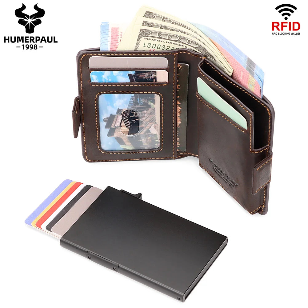 Crazy Horse Leather Card Holder RFID Blocking Card Case Smart Pop-up Cardholder Fashion Men’s Wallet with Long
