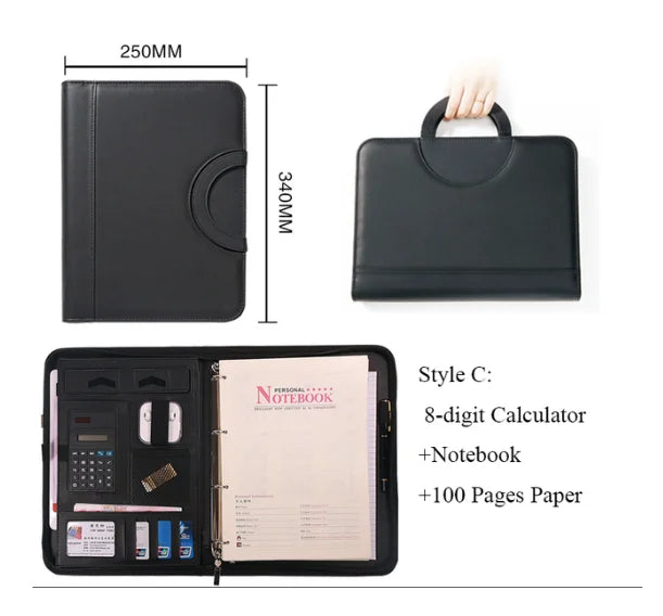 A4 Portable File Folder with Calculator Binder Organizer Manager Office Document Pad Briefcase PU Leather Padfolio Bag