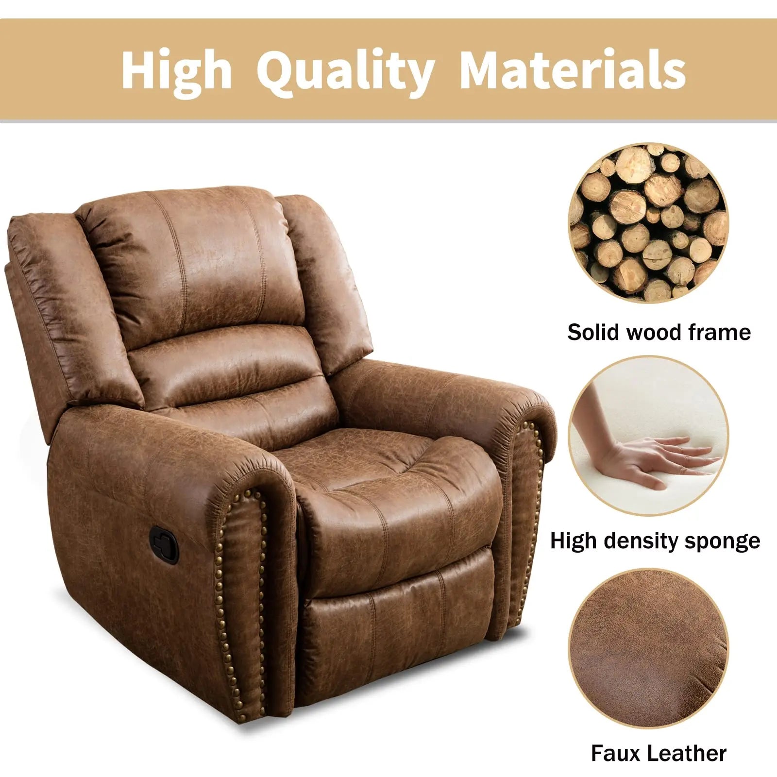 Leather Recliner Chair Manual Recliner Chair with Comfortable Arms and Back Single Sofa for Living Room - Nut Brown