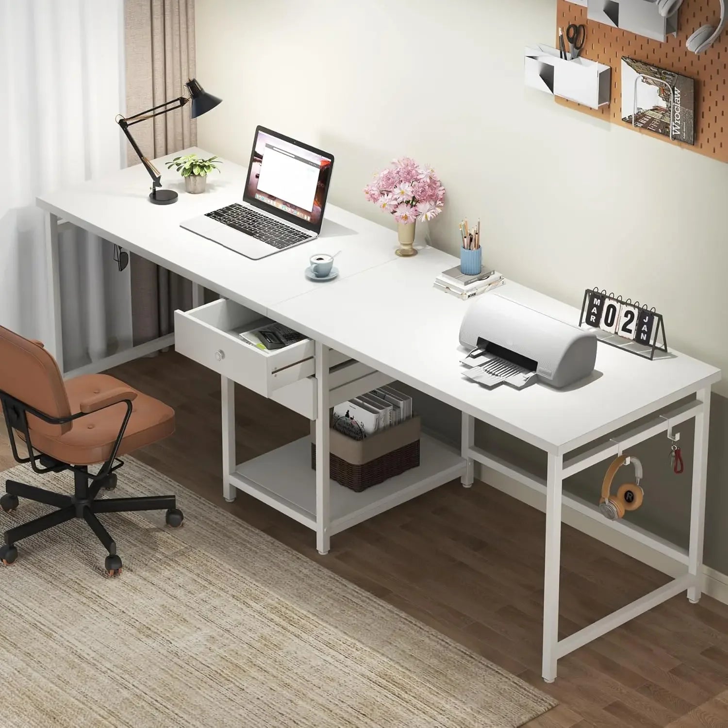 Double Desk with 2 Drawers Two Person Desk Long Computer Desk with Storage Selves Writing Table Study Desk for Home