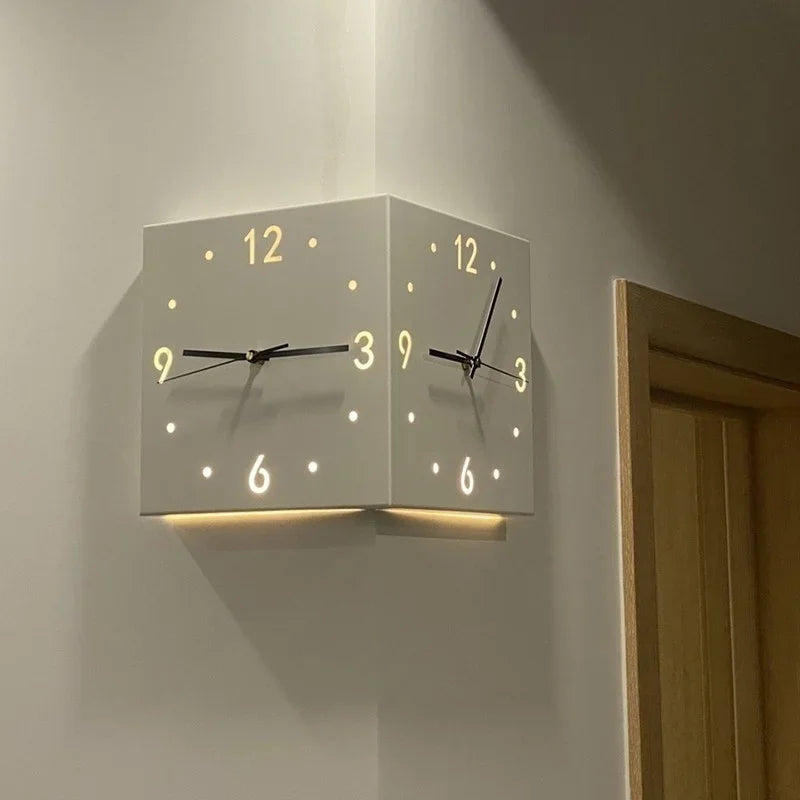 Creative Light Sensor Corner Wall Clock Square Simple Double Sided Wall Clock with Arabic Numeral Scale Analog Silent