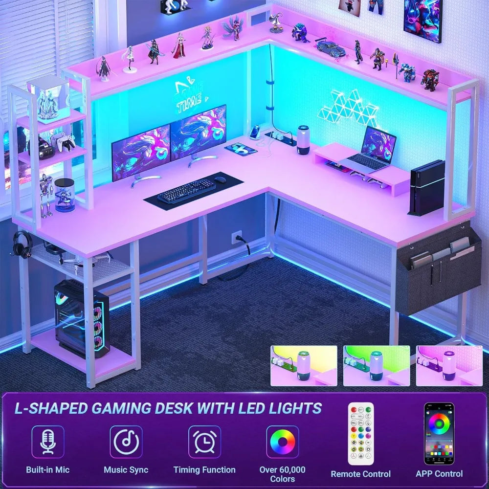 L-Shaped Gaming Desk with LED Lights Power Outlet Monitor Stand & Storage - Reversible Pink Office Desk - United States