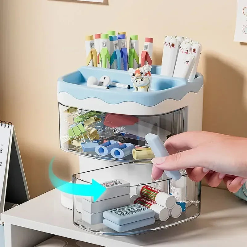 Practical Multi-Functional Desk Organizer Pen Holder Double Layers Rotating Pencils Storage Rack Student Cosmetics