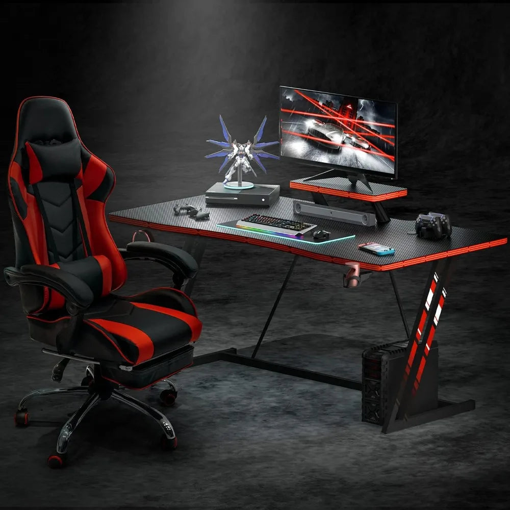 55 inch Gaming Desk PC Computer Table Racing Style Home Office Desk Z Shaped Carbon Fiber Desktop Gamer Workstation