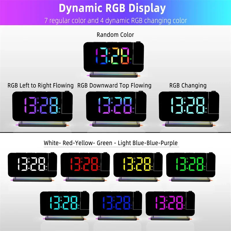 FM Radio 180° Projection Alarm Clock RGB With RGB Night Light 6 Levels Brightness Dual USB Output Port 12H/24H Digital