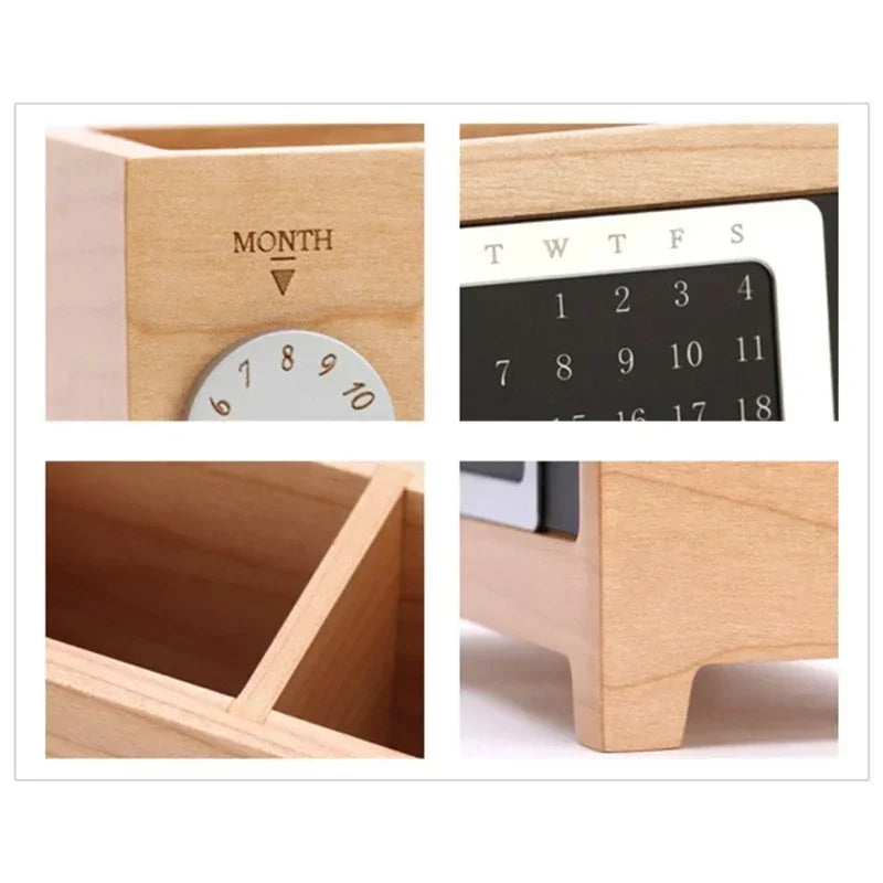 Stationery Control Wooden Multifunctional Box Organizer Holder Remote Storage Pen Pencil Desktop Calendar Creative