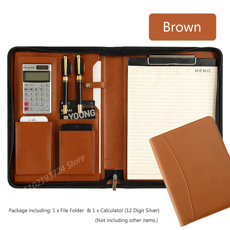 University A4 Leather Executive Portfolio Folder for Document Holder Organizer Business Briefcase Man Zipper Calculator